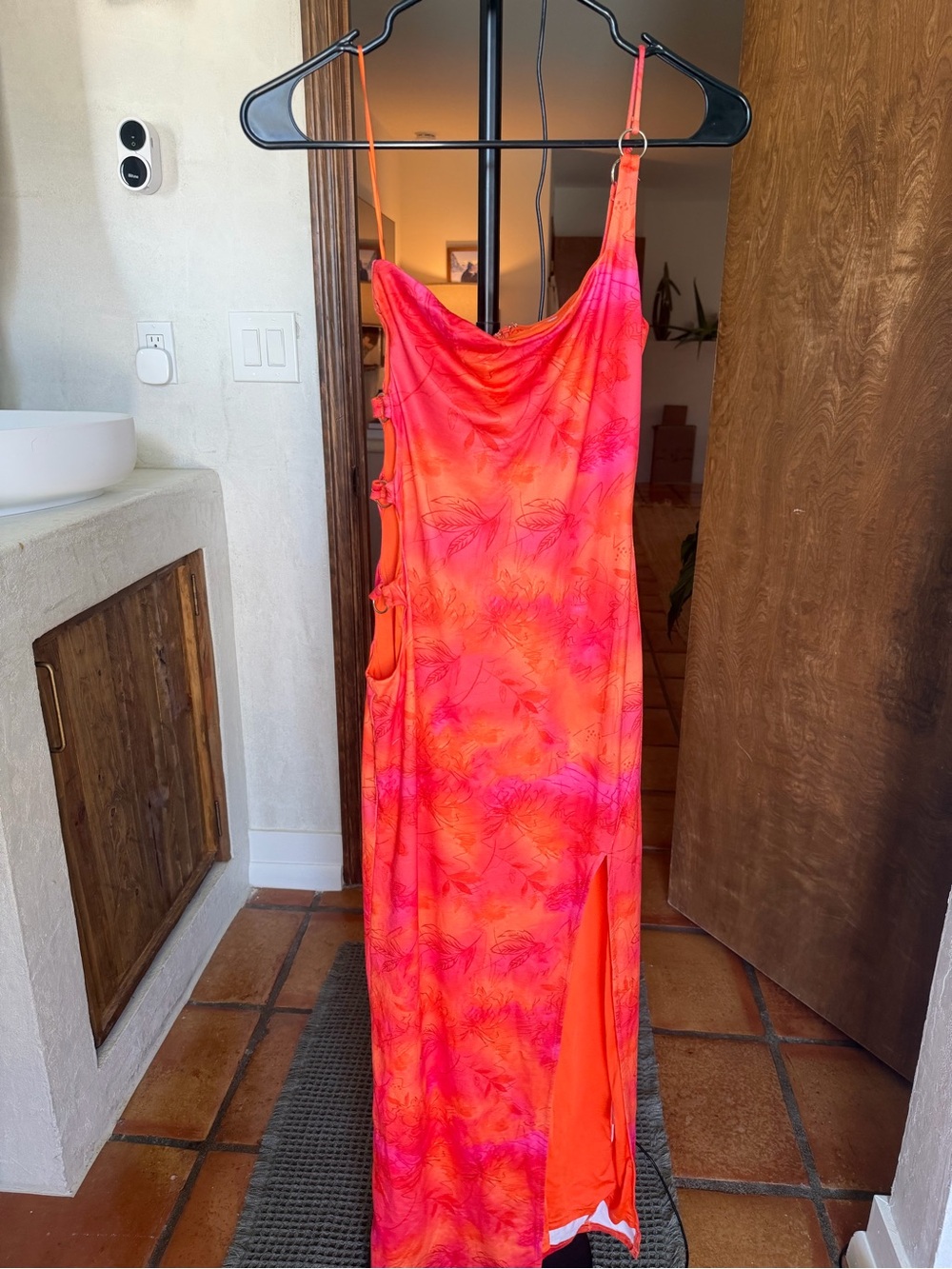 One-Shoulder Coral & Hot Pink Tropical Maxi Dress